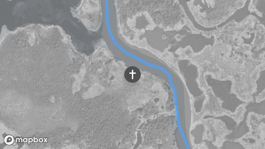 A satellite image of a gravesite located on the west shore of the Marian River.