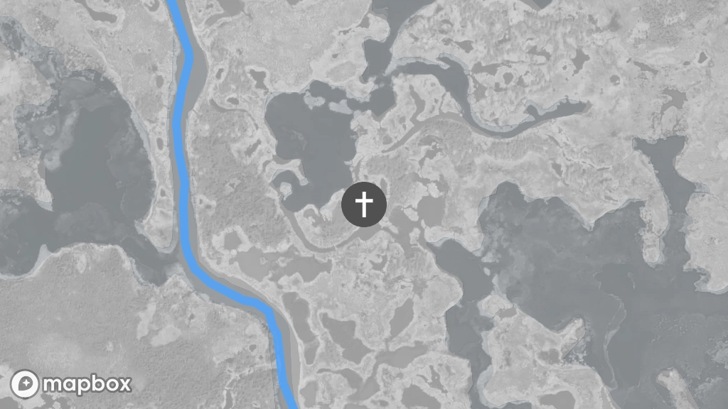 Image satellite d'un lieu de sépulture situé sur la rive d'un petit lac à l'est de la rivière Marian.