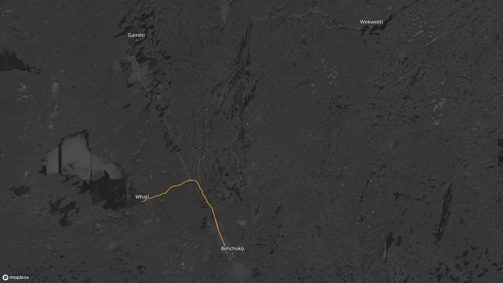 A map showing the Whatì trail linking Behchokǫ̀ and Whatì in the Northwest Territories, traveling north from Behchokǫ̀ through Marian Lake, up the Marian River, before branching west up the Lac La Martre river, and finally ending up in Lac La Martre.