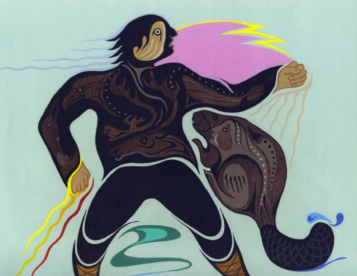 Painting of Yamǫǫ̀zha and the giant beaver by Archie Beaulieu.