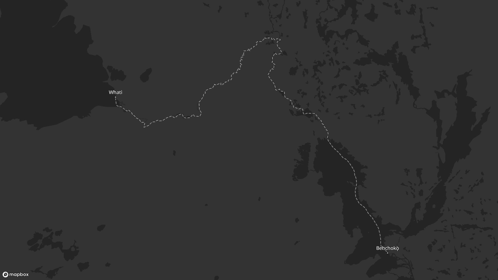 Carte montrant le sentier de Whatì qui relie Behchokǫ̀ à Whatì aux Territoires du Nord-Ouest.