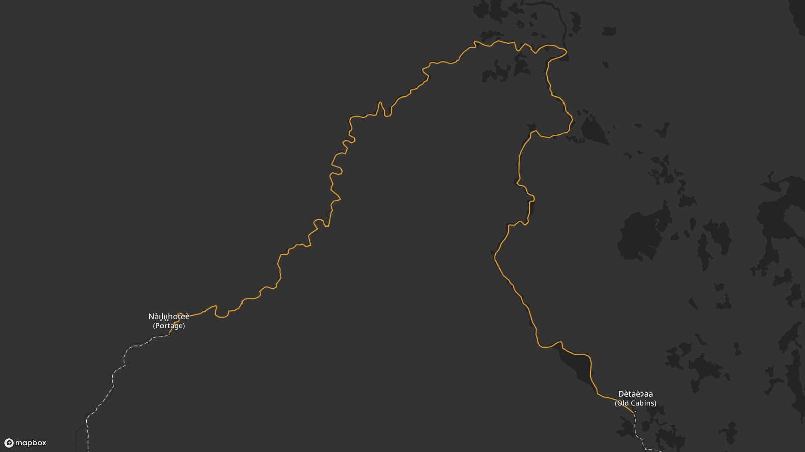 A map showing the Whatì trail from Dètaè?aa to Nàı̨lı̨ı̨hoteè. The trail follows the Marian River north before branching off at the Lac La Martre River, and following south west until reaching Nàı̨lı̨ı̨hoteè.