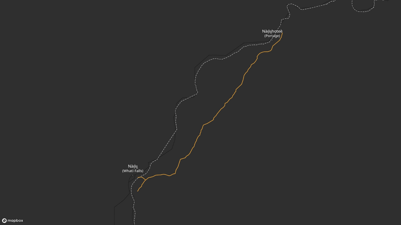 Map of the portage route Nàı̨lı̨ı̨hoteè to the waterfall of Nàı̨lı̨ı̨ (Whatì Falls). The portage route runs parallel with the La La Martre river, allowing travellers to bypass the waterfall.