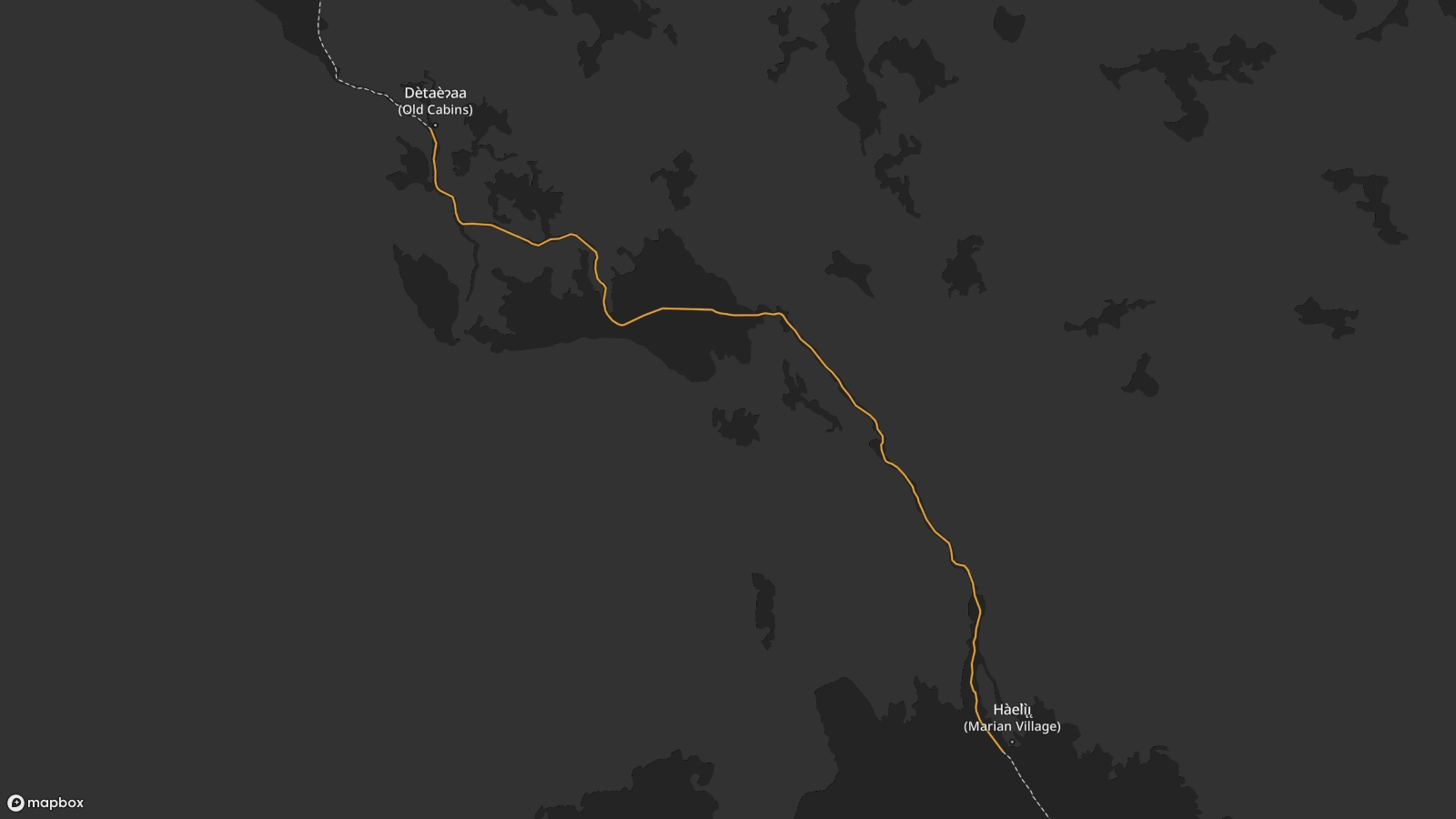 A map showing the Whatì trail from Xaelı K'ogola (Marian Village) to Dètaè?aa, with the trail following the Marian River north, passing through Shotì Lake.